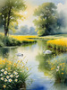 Blooming Meadow with Peaceful Pond and Gliding Swans Art Print