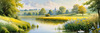 Blooming Meadow with Peaceful Pond and Gliding Swans Art Print