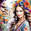 Bohemian Spirit Figurative Portrait with Flowers in Hair and Psychedelic Background