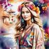 Bohemian Spirit Figurative Portrait with Flowers in Hair and Psychedelic Background