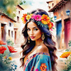 Bohemian Spirit Figurative Portrait with Flowers in Hair and Psychedelic Background