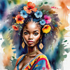 Bohemian Spirit Figurative Portrait with Flowers in Hair and Psychedelic Background