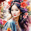 Bohemian Spirit Figurative Portrait with Flowers in Hair and Psychedelic Background