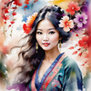 Bohemian Spirit Figurative Portrait with Flowers in Hair and Psychedelic Background