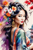 Bohemian Spirit Figurative Portrait with Flowers in Hair and Psychedelic Background