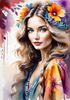 Bohemian Spirit Figurative Portrait with Flowers in Hair and Psychedelic Background
