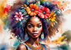 Bohemian Spirit Figurative Portrait with Flowers in Hair and Psychedelic Background