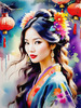 Bohemian Spirit Figurative Portrait with Flowers in Hair and Psychedelic Background
