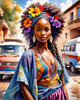 Bohemian Spirit Figurative Portrait with Flowers in Hair and Psychedelic Background