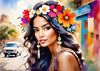 Bohemian Spirit Figurative Portrait with Flowers in Hair and Psychedelic Background