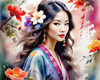 Bohemian Spirit Figurative Portrait with Flowers in Hair and Psychedelic Background