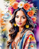 Bohemian Spirit Figurative Portrait with Flowers in Hair and Psychedelic Background