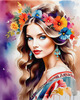 Bohemian Spirit Figurative Portrait with Flowers in Hair and Psychedelic Background