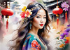 Bohemian Spirit Figurative Portrait with Flowers in Hair and Psychedelic Background
