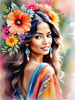 Bohemian Spirit Figurative Portrait with Flowers in Hair and Psychedelic Background