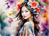 Bohemian Spirit Figurative Portrait with Flowers in Hair and Psychedelic Background