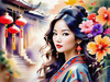 Bohemian Spirit Figurative Portrait with Flowers in Hair and Psychedelic Background