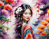 Bohemian Spirit Figurative Portrait with Flowers in Hair and Psychedelic Background