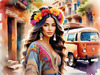 Bohemian Spirit Figurative Portrait with Flowers in Hair and Psychedelic Background