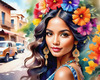 Bohemian Spirit Figurative Portrait with Flowers in Hair and Psychedelic Background