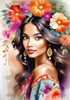 Bohemian Spirit Figurative Portrait with Flowers in Hair and Psychedelic Background