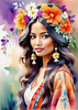 Bohemian Spirit Figurative Portrait with Flowers in Hair and Psychedelic Background