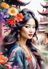 Bohemian Spirit Figurative Portrait with Flowers in Hair and Psychedelic Background