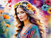 Bohemian Spirit Figurative Portrait with Flowers in Hair and Psychedelic Background
