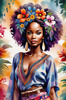 Bohemian Spirit Figurative Portrait with Flowers in Hair and Psychedelic Background