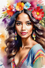 Bohemian Spirit Figurative Portrait with Flowers in Hair and Psychedelic Background