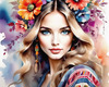 Bohemian Spirit Figurative Portrait with Flowers in Hair and Psychedelic Background
