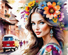 Bohemian Spirit Figurative Portrait with Flowers in Hair and Psychedelic Background