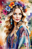 Bohemian Spirit Figurative Portrait with Flowers in Hair and Psychedelic Background