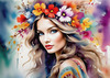 Bohemian Spirit Figurative Portrait with Flowers in Hair and Psychedelic Background