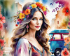 Bohemian Spirit Figurative Portrait with Flowers in Hair and Psychedelic Background