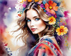 Bohemian Spirit Figurative Portrait with Flowers in Hair and Psychedelic Background