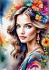 Bohemian Spirit Figurative Portrait with Flowers in Hair and Psychedelic Background