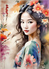 Bohemian Spirit Figurative Portrait with Flowers in Hair and Psychedelic Background