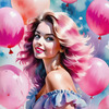 Printable Art of a Bubbly Girl in Pink with Pastel Balloons