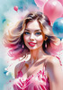 Printable Art of a Bubbly Girl in Pink with Pastel Balloons