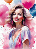 Printable Art of a Bubbly Girl in Pink with Pastel Balloons