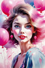 Printable Art of a Bubbly Girl in Pink with Pastel Balloons
