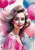 Printable Art of a Bubbly Girl in Pink with Pastel Balloons