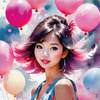Printable Art of a Bubbly Girl in Pink with Pastel Balloons