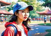 Printable Art of a Sporty Tomboy Girl with Baseball Cap and Sneakers in a Playground Setting