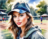 Printable Art of a Sporty Tomboy Girl with Baseball Cap and Sneakers in a Playground Setting