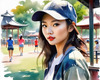 Printable Art of a Sporty Tomboy Girl with Baseball Cap and Sneakers in a Playground Setting