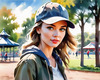 Printable Art of a Sporty Tomboy Girl with Baseball Cap and Sneakers in a Playground Setting