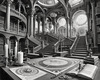 Surreal Black and White Library with Celestial Zodiac Map Art Print
