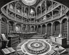 Surreal Black and White Library with Celestial Zodiac Map Art Print